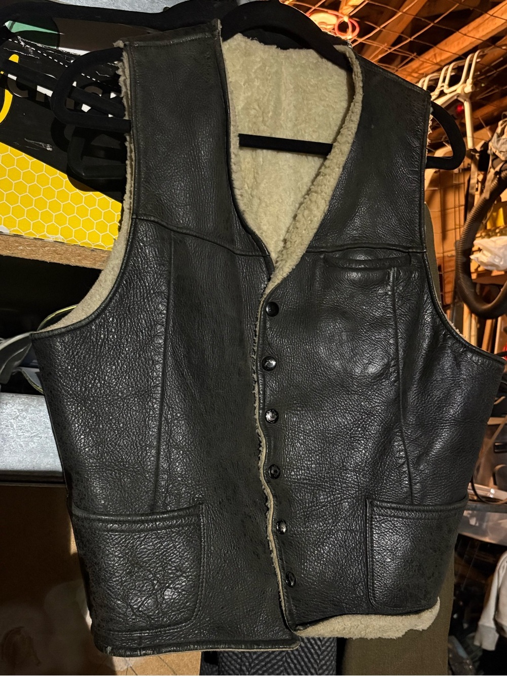 Vintage Black Leather Sherpa Lined Vest Men’s Western Biker Ranch